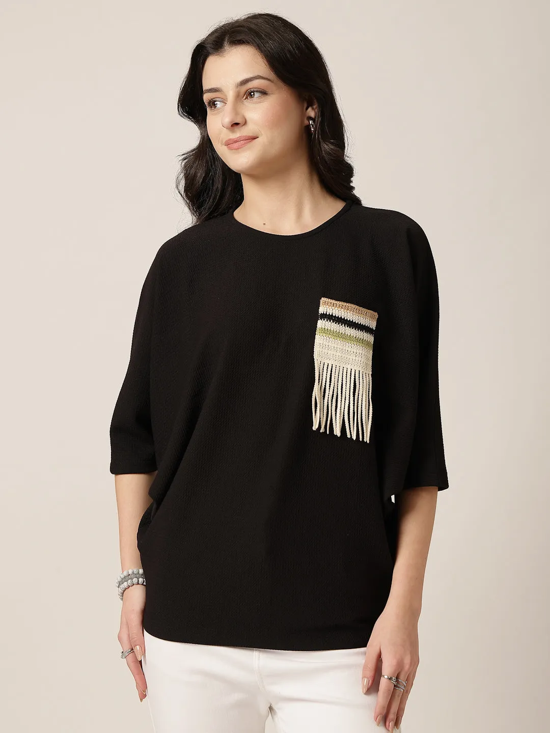Style Quotient Women Black Poly knit top with patch pocket detailing