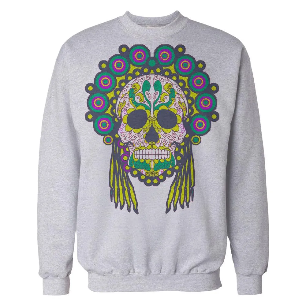 Sugar Skull Head Dress Skull Men's Sweatshirt (Heather Grey)