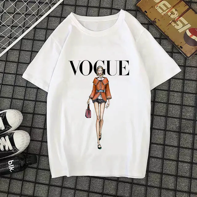 Summer New 2020 Fashion T shirt Women VOGUE letter print Harajuku Tshirt O-neck Short Sleeve T-shirt White Tops Female Clothing