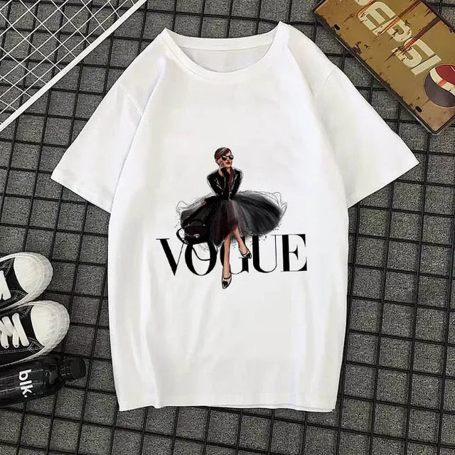Summer New 2020 Fashion T shirt Women VOGUE letter print Harajuku Tshirt O-neck Short Sleeve T-shirt White Tops Female Clothing