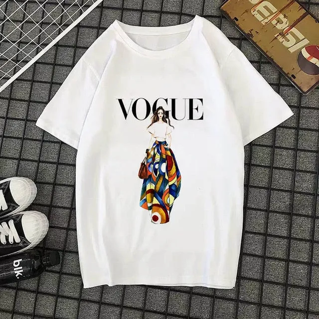 Summer New 2020 Fashion T shirt Women VOGUE letter print Harajuku Tshirt O-neck Short Sleeve T-shirt White Tops Female Clothing