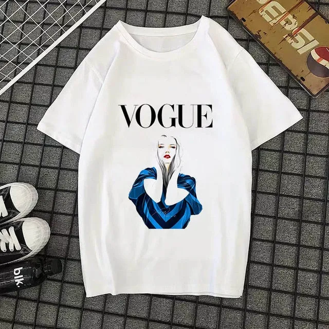 Summer New 2020 Fashion T shirt Women VOGUE letter print Harajuku Tshirt O-neck Short Sleeve T-shirt White Tops Female Clothing