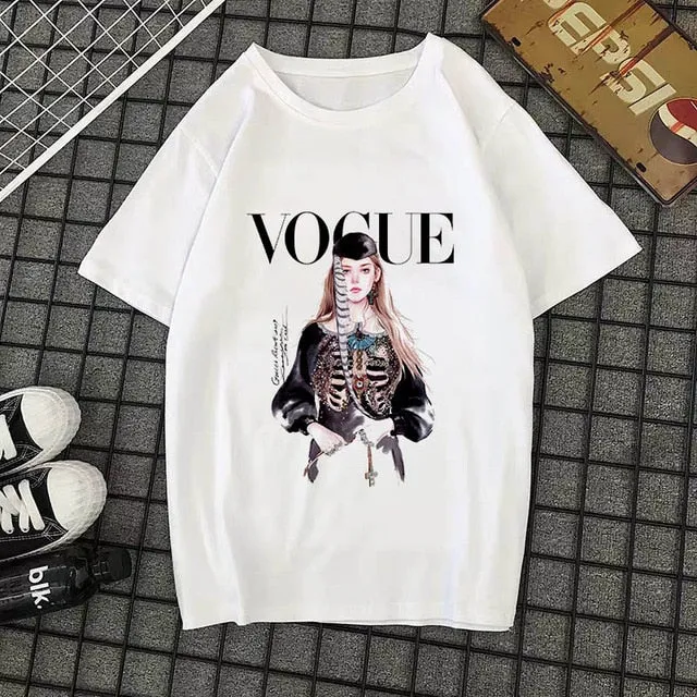 Summer New 2020 Fashion T shirt Women VOGUE letter print Harajuku Tshirt O-neck Short Sleeve T-shirt White Tops Female Clothing