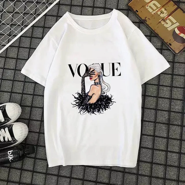 Summer New 2020 Fashion T shirt Women VOGUE letter print Harajuku Tshirt O-neck Short Sleeve T-shirt White Tops Female Clothing