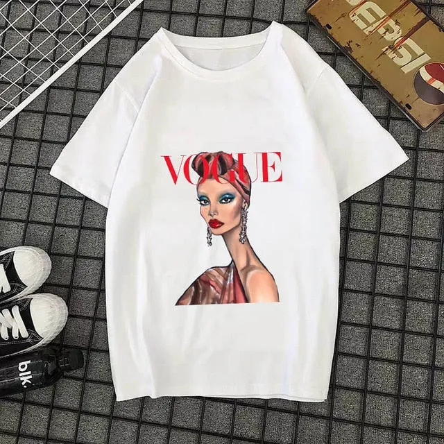 Summer New 2020 Fashion T shirt Women VOGUE letter print Harajuku Tshirt O-neck Short Sleeve T-shirt White Tops Female Clothing