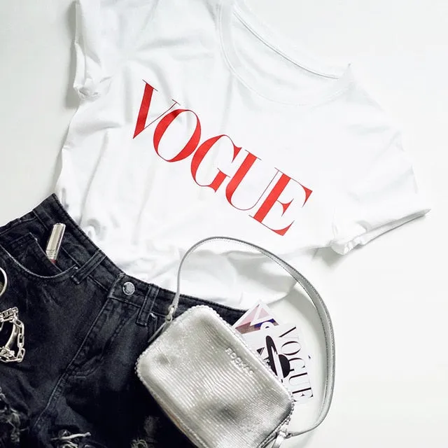 Summer New 2020 Fashion T shirt Women VOGUE letter print Harajuku Tshirt O-neck Short Sleeve T-shirt White Tops Female Clothing