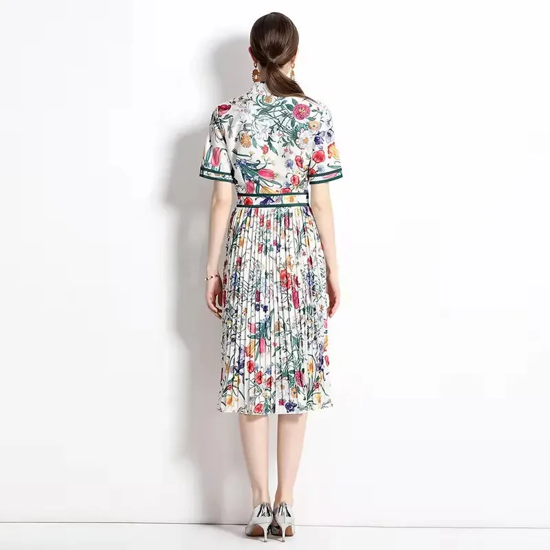 Summer Runway Designer Pleated Dress Women's Short Sleeve Shirt Collar Overlay Flower Print Slim Party Midi Dresses