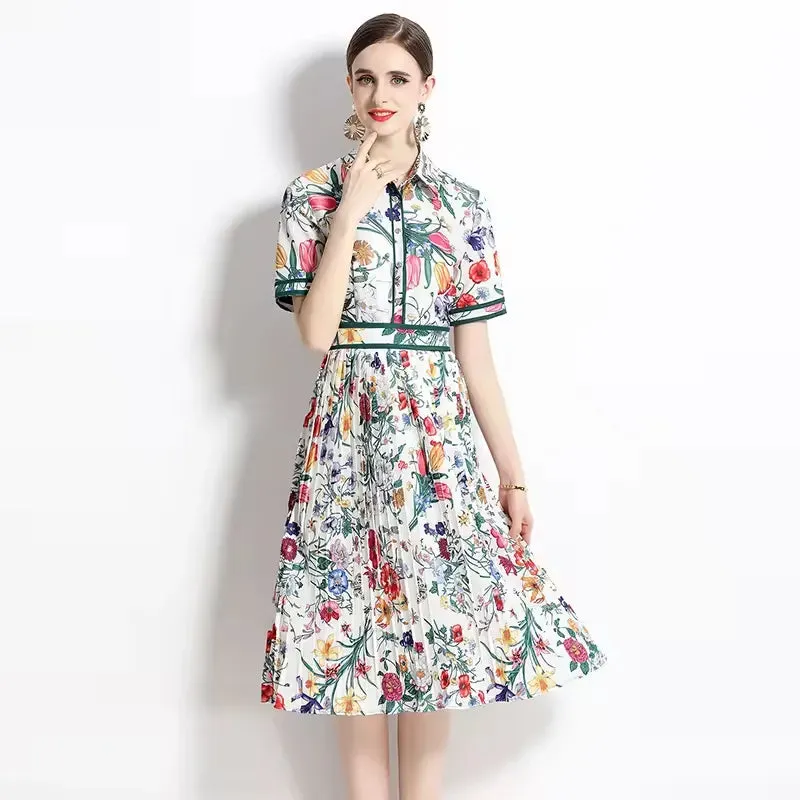 Summer Runway Designer Pleated Dress Women's Short Sleeve Shirt Collar Overlay Flower Print Slim Party Midi Dresses