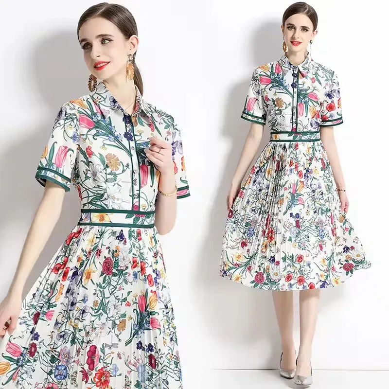 Summer Runway Designer Pleated Dress Women's Short Sleeve Shirt Collar Overlay Flower Print Slim Party Midi Dresses