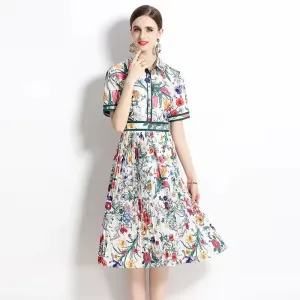 Summer Runway Designer Pleated Dress Women's Short Sleeve Shirt Collar Overlay Flower Print Slim Party Midi Dresses
