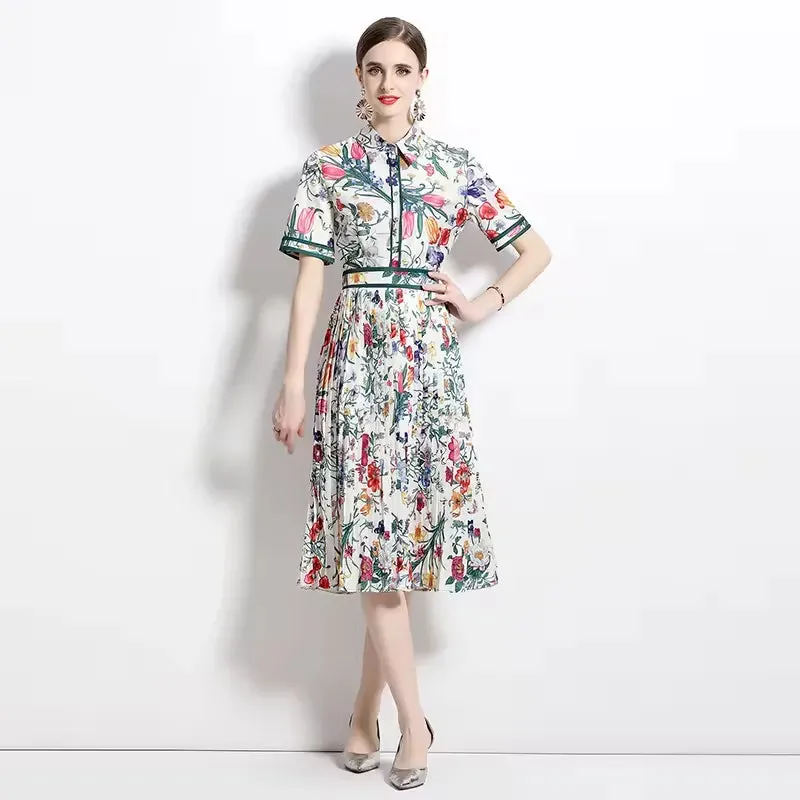 Summer Runway Designer Pleated Dress Women's Short Sleeve Shirt Collar Overlay Flower Print Slim Party Midi Dresses