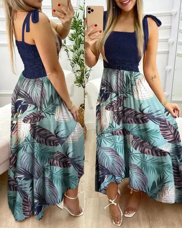 Summer Sexy Spaghetti Strap Floral Print Maxi Dress for Women
