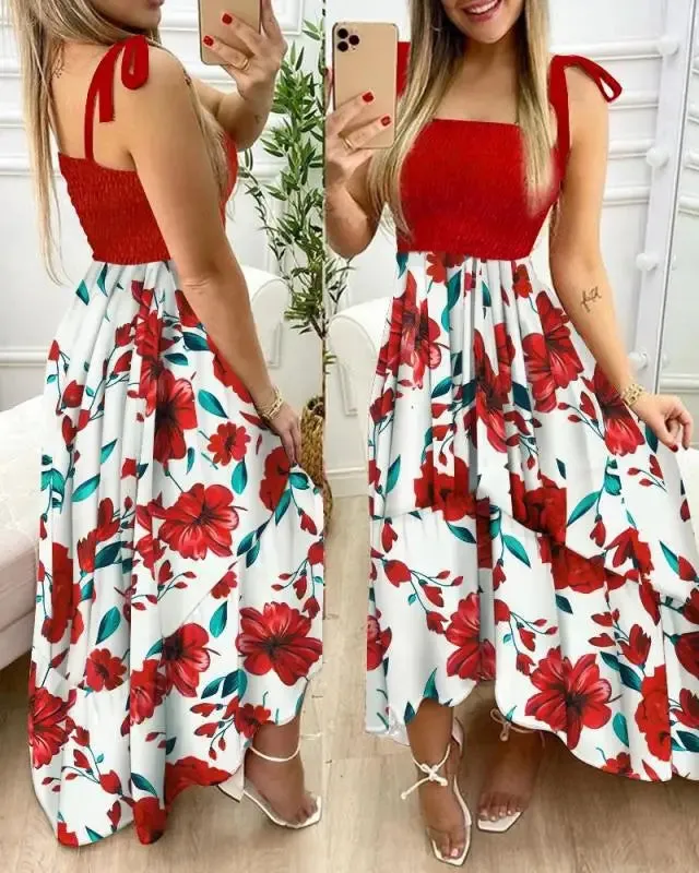 Summer Sexy Spaghetti Strap Floral Print Maxi Dress for Women