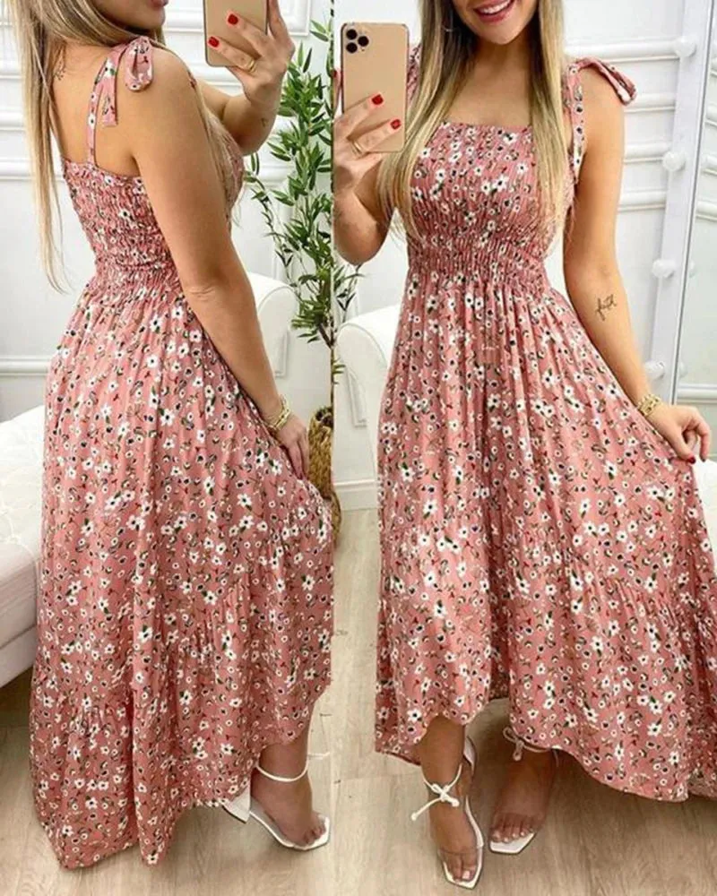Summer Sexy Spaghetti Strap Floral Print Maxi Dress for Women