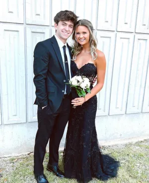 Sweetheart Mermaid Lace Black Corset Prom Dresses Cheap Long Formal Dresses Open Back