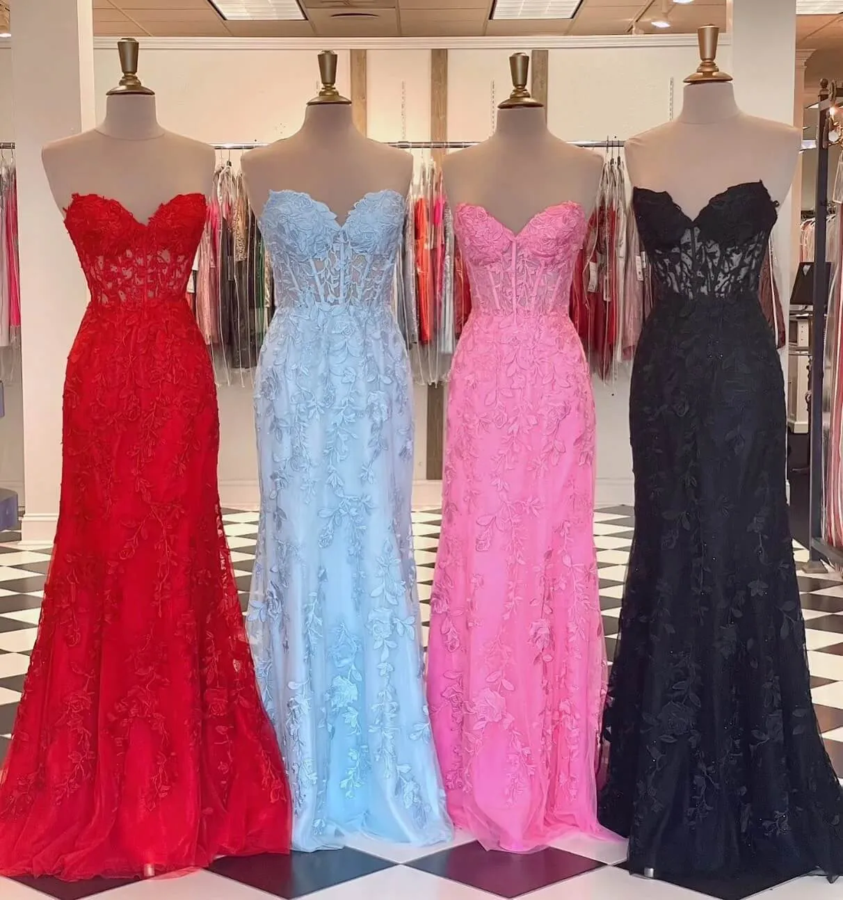 Sweetheart Mermaid Lace Black Corset Prom Dresses Cheap Long Formal Dresses Open Back