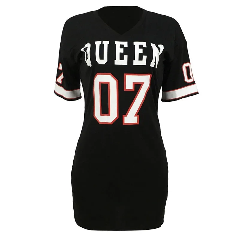 T Shirt Dress Women Short Dress Hip Hop Queen Printed Long T Shirt Loose V Neck Sexy Mini Dress Robe Camiseta Vestidos