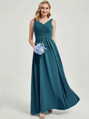 Teal Wide Strap Sleeveless Flowy Pleated Floor Length Bridesmaid Dress