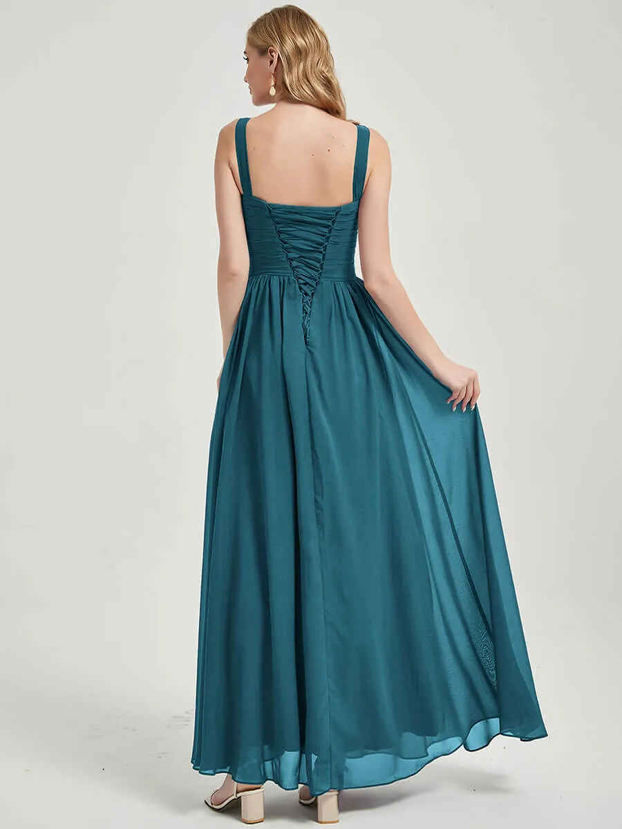 Teal Wide Strap Sleeveless Flowy Pleated Floor Length Bridesmaid Dress