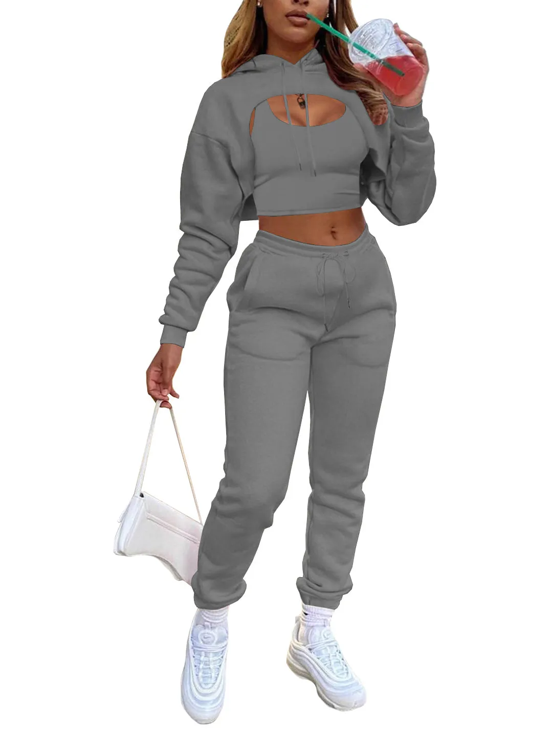 Three Piece Hoodie Crop Top Pants