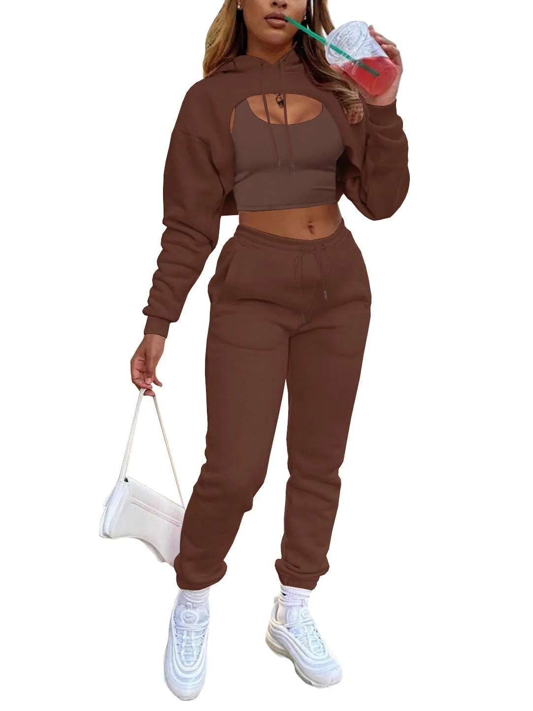 Three Piece Hoodie Crop Top Pants