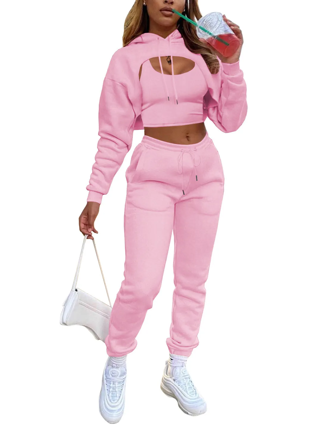 Three Piece Hoodie Crop Top Pants