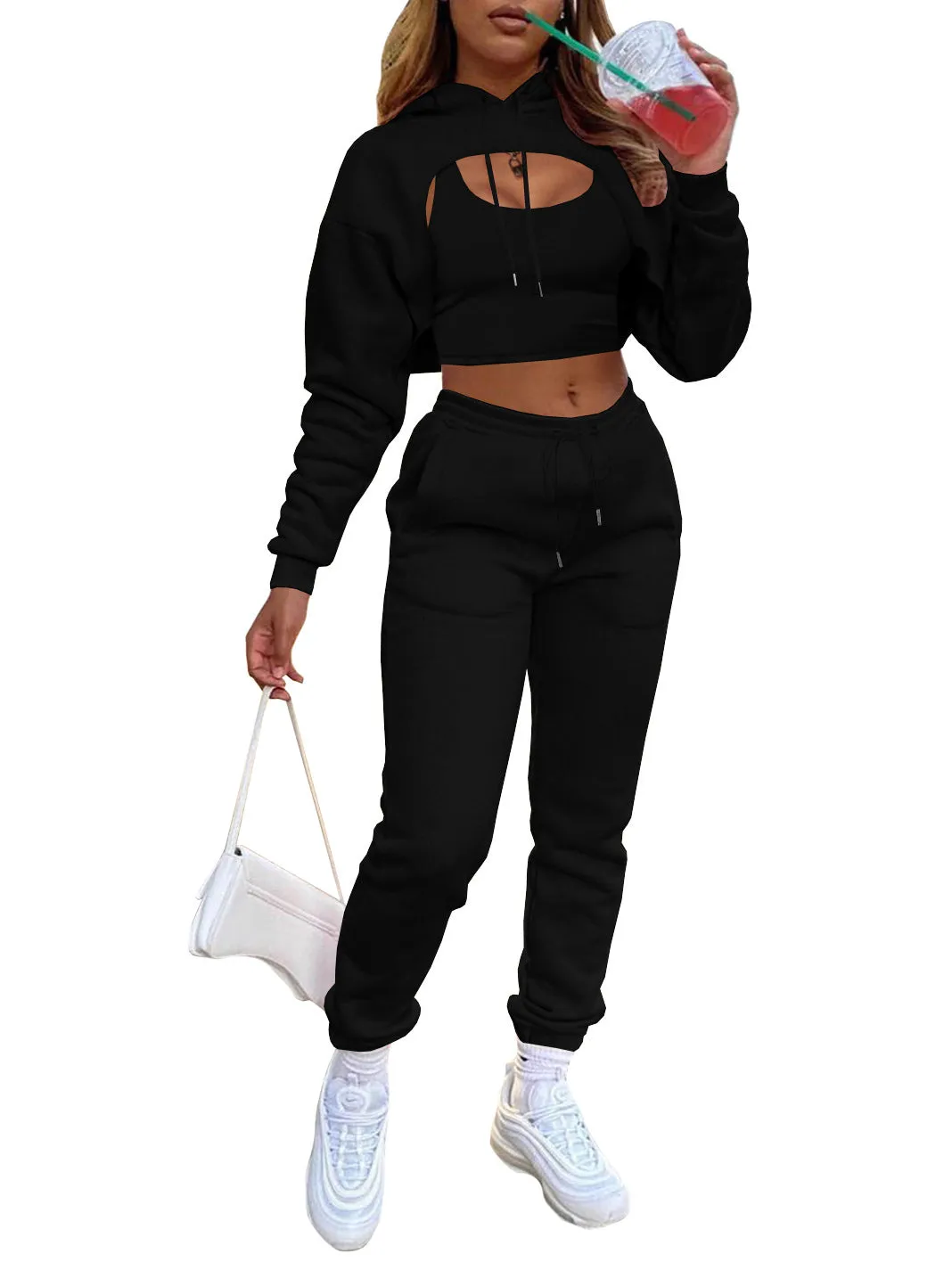 Three Piece Hoodie Crop Top Pants