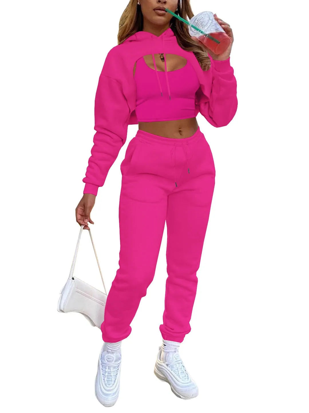 Three Piece Hoodie Crop Top Pants