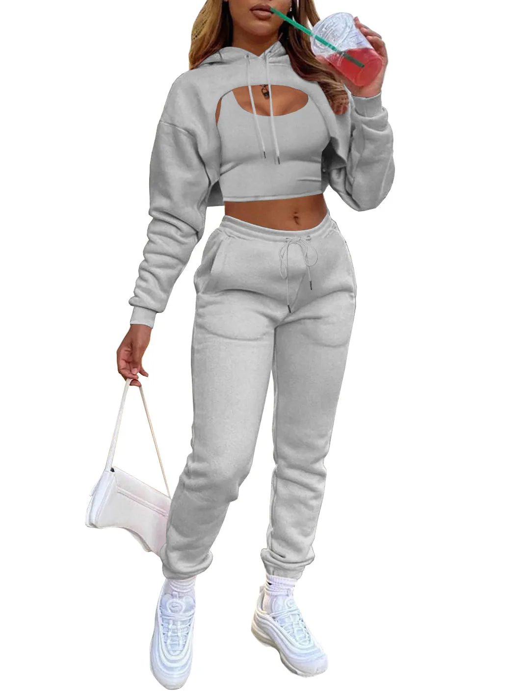 Three Piece Hoodie Crop Top Pants