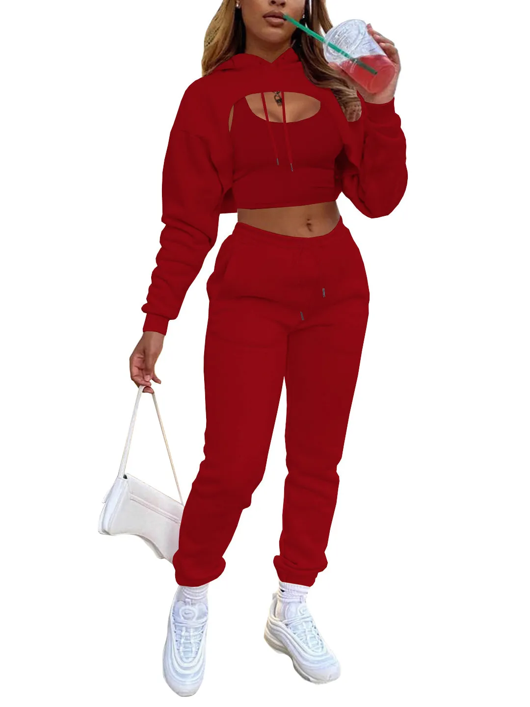 Three Piece Hoodie Crop Top Pants