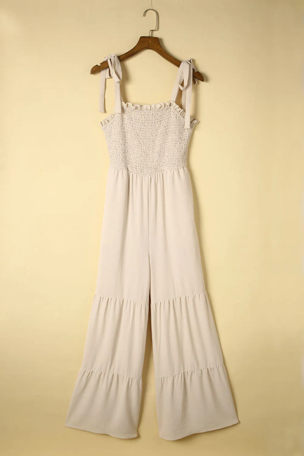 Tie Straps Shirred Bodice Tiered Wide Leg Jumpsuit
