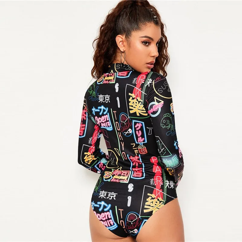 Tokyo Street Bodysuit - Black with Pattern
