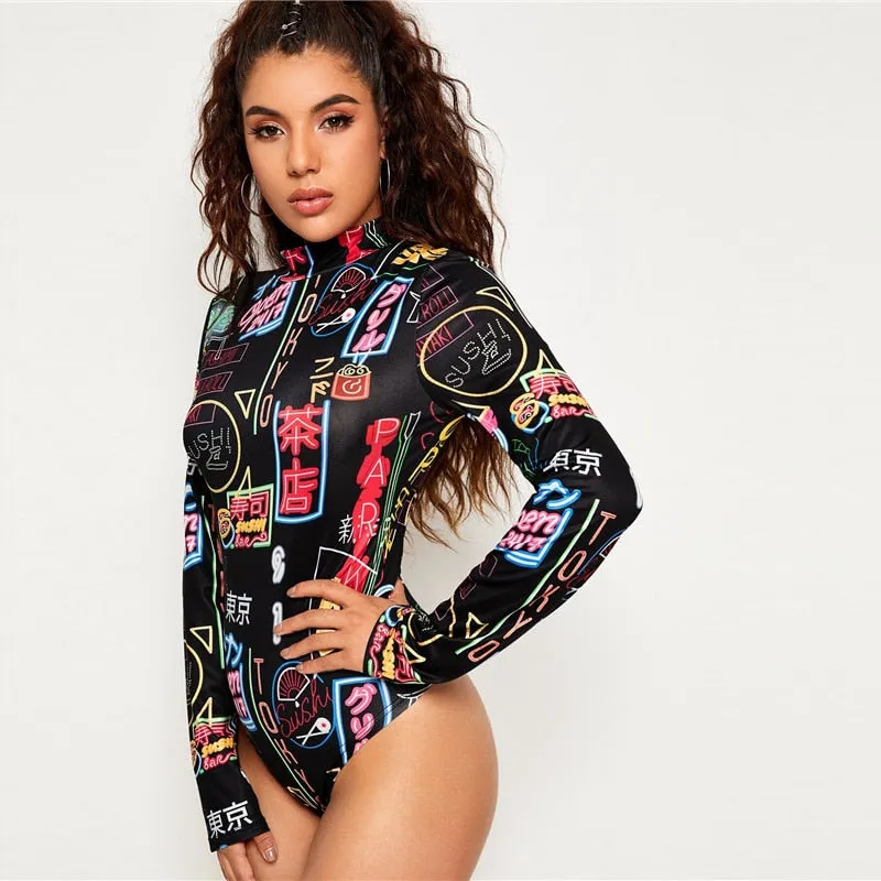 Tokyo Street Bodysuit - Black with Pattern