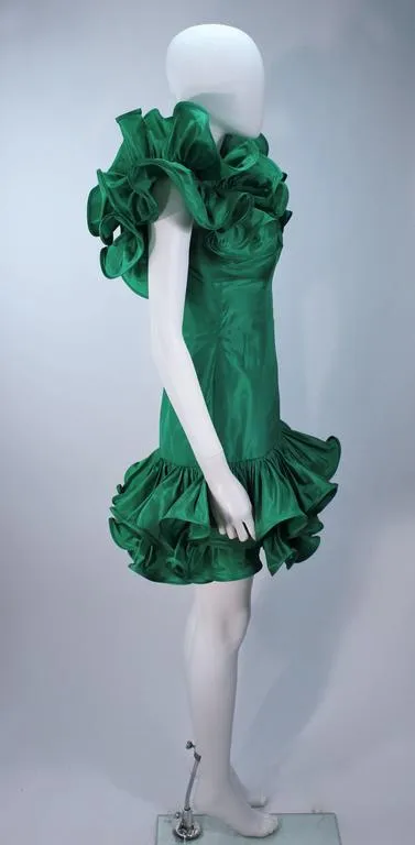 TRAVILLA Attributed Kelly Green Ruffled Cocktail Dress Size 6