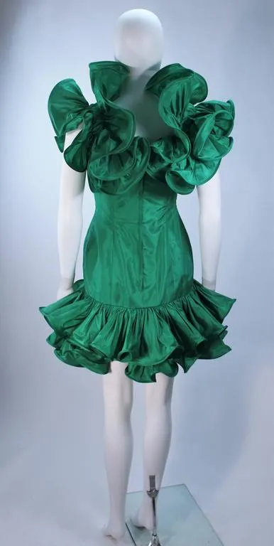 TRAVILLA Attributed Kelly Green Ruffled Cocktail Dress Size 6