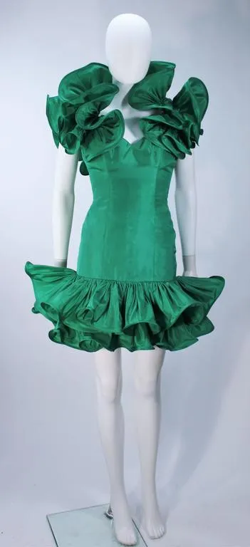 TRAVILLA Attributed Kelly Green Ruffled Cocktail Dress Size 6