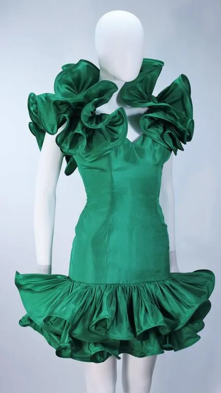 TRAVILLA Attributed Kelly Green Ruffled Cocktail Dress Size 6