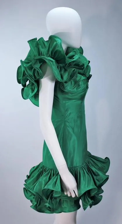 TRAVILLA Attributed Kelly Green Ruffled Cocktail Dress Size 6