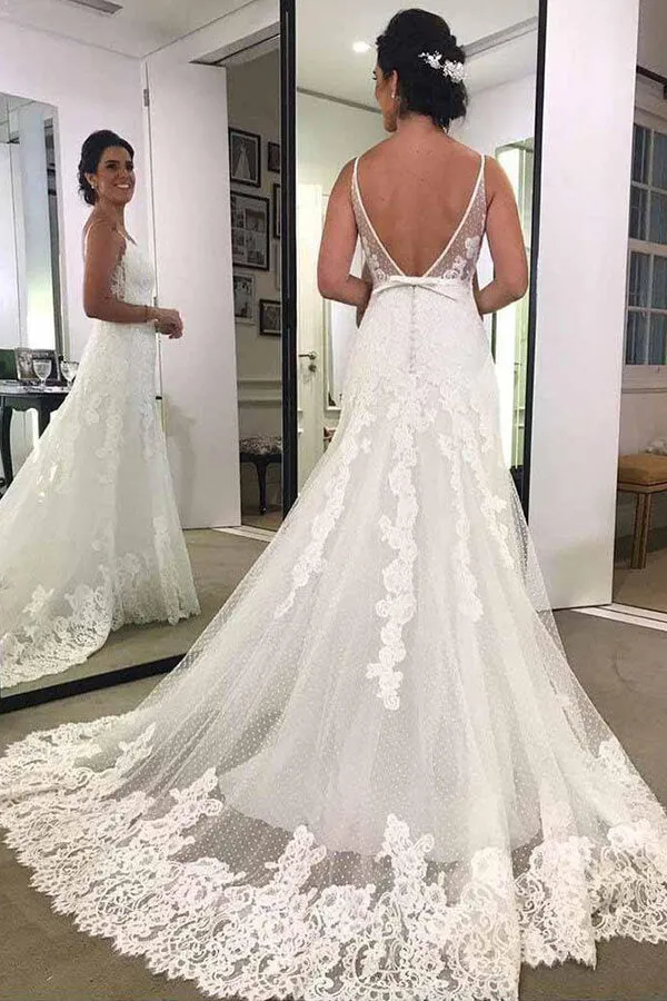 Tulle Polka Dot Lace Spaghetti Straps A-line Backless Wedding Dresses, SW475