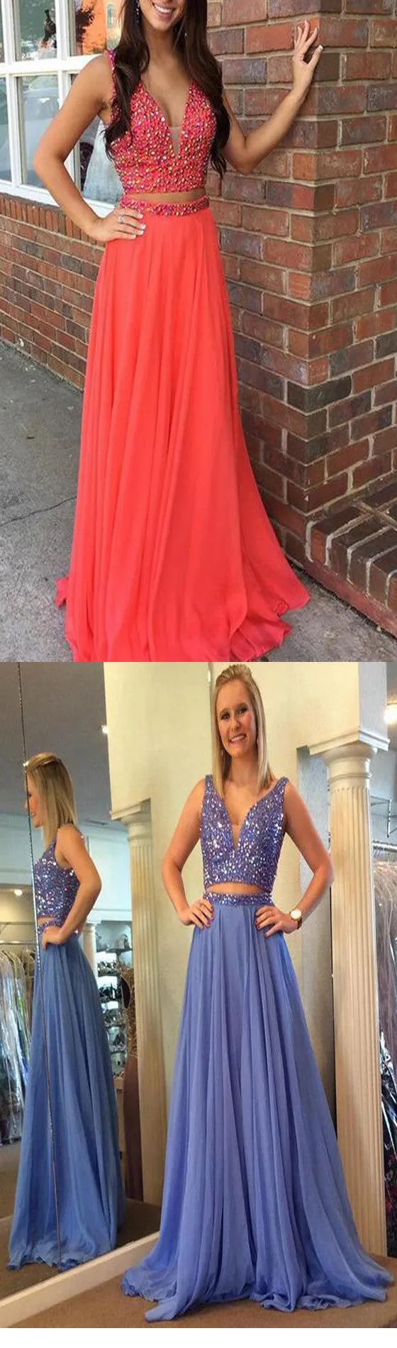 Two Pieces Beaded Sparkly Vintage For Teens Ball Gown Prom Dresses. DB0300