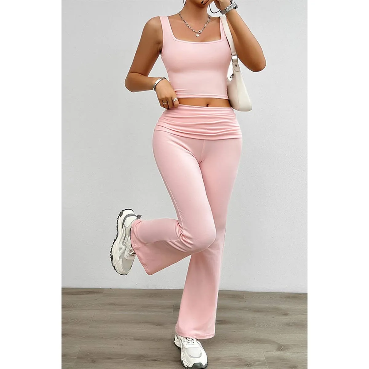 Two Pieces Square Neck Ruched Sleeveless Sets