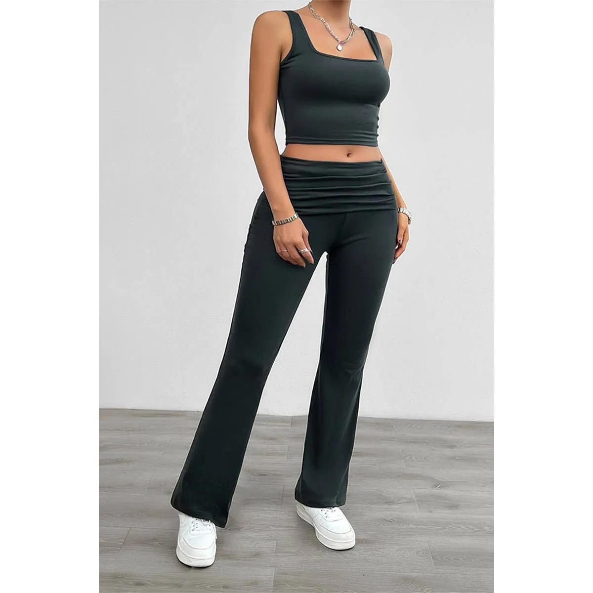 Two Pieces Square Neck Ruched Sleeveless Sets