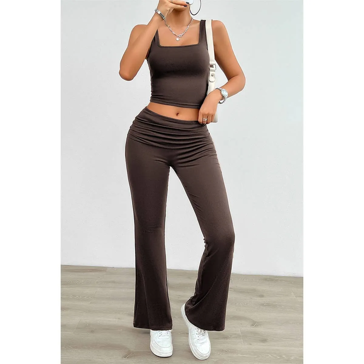 Two Pieces Square Neck Ruched Sleeveless Sets