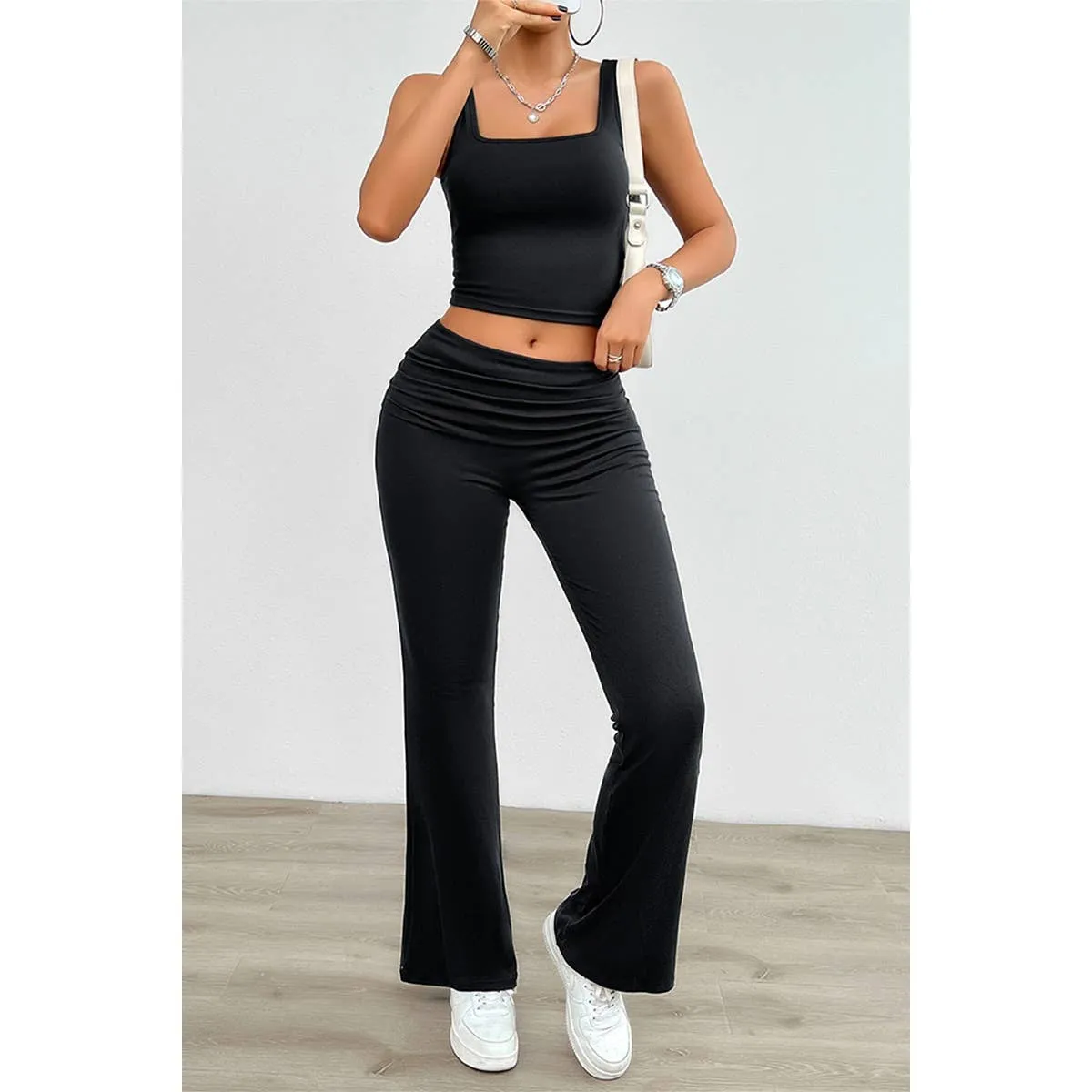 Two Pieces Square Neck Ruched Sleeveless Sets
