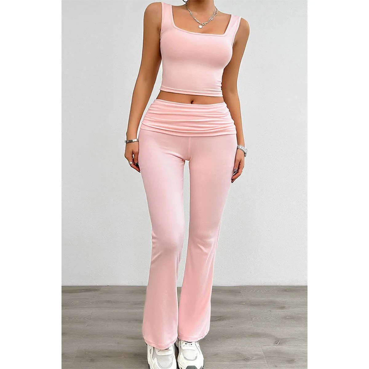 Two Pieces Square Neck Ruched Sleeveless Sets