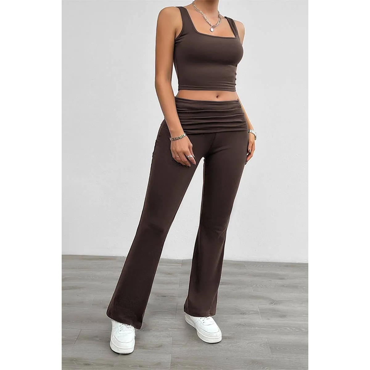 Two Pieces Square Neck Ruched Sleeveless Sets