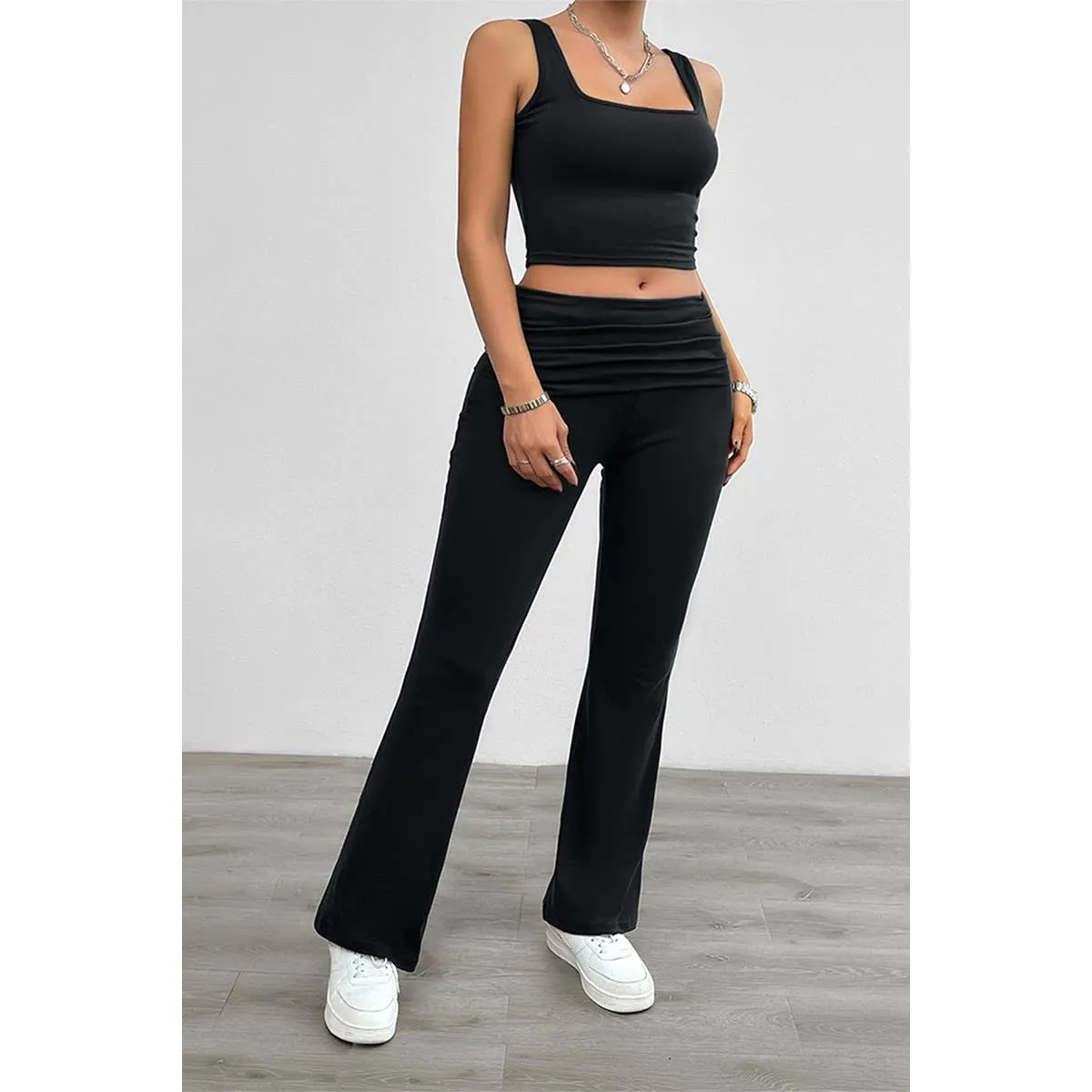 Two Pieces Square Neck Ruched Sleeveless Sets