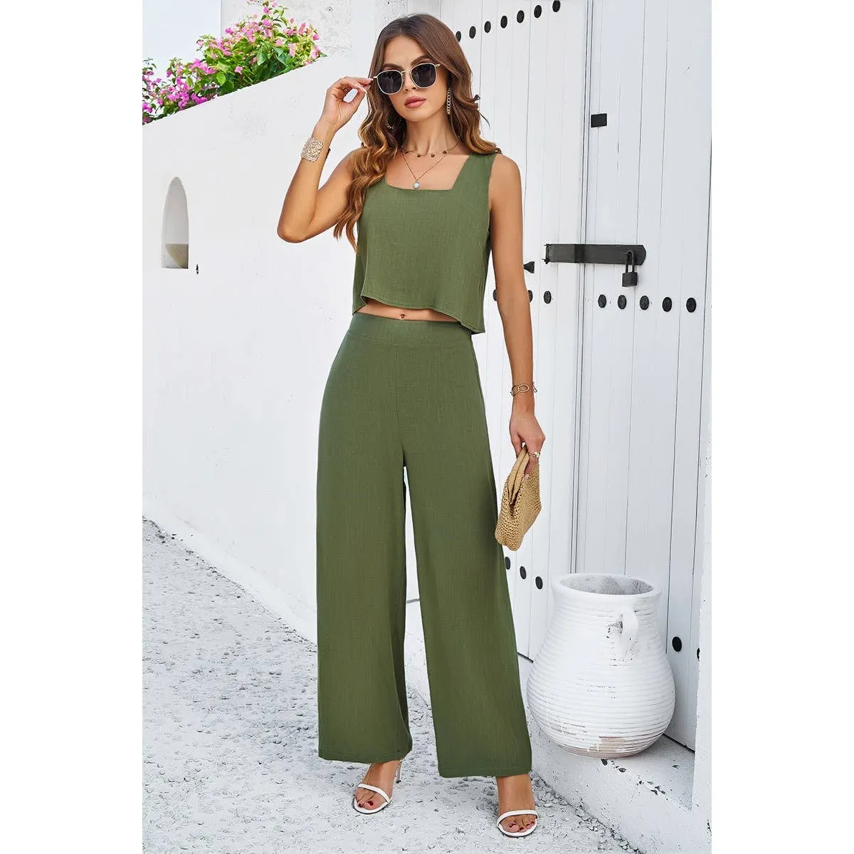 Two Pieces Square Neck Sleeveless Solid Sets