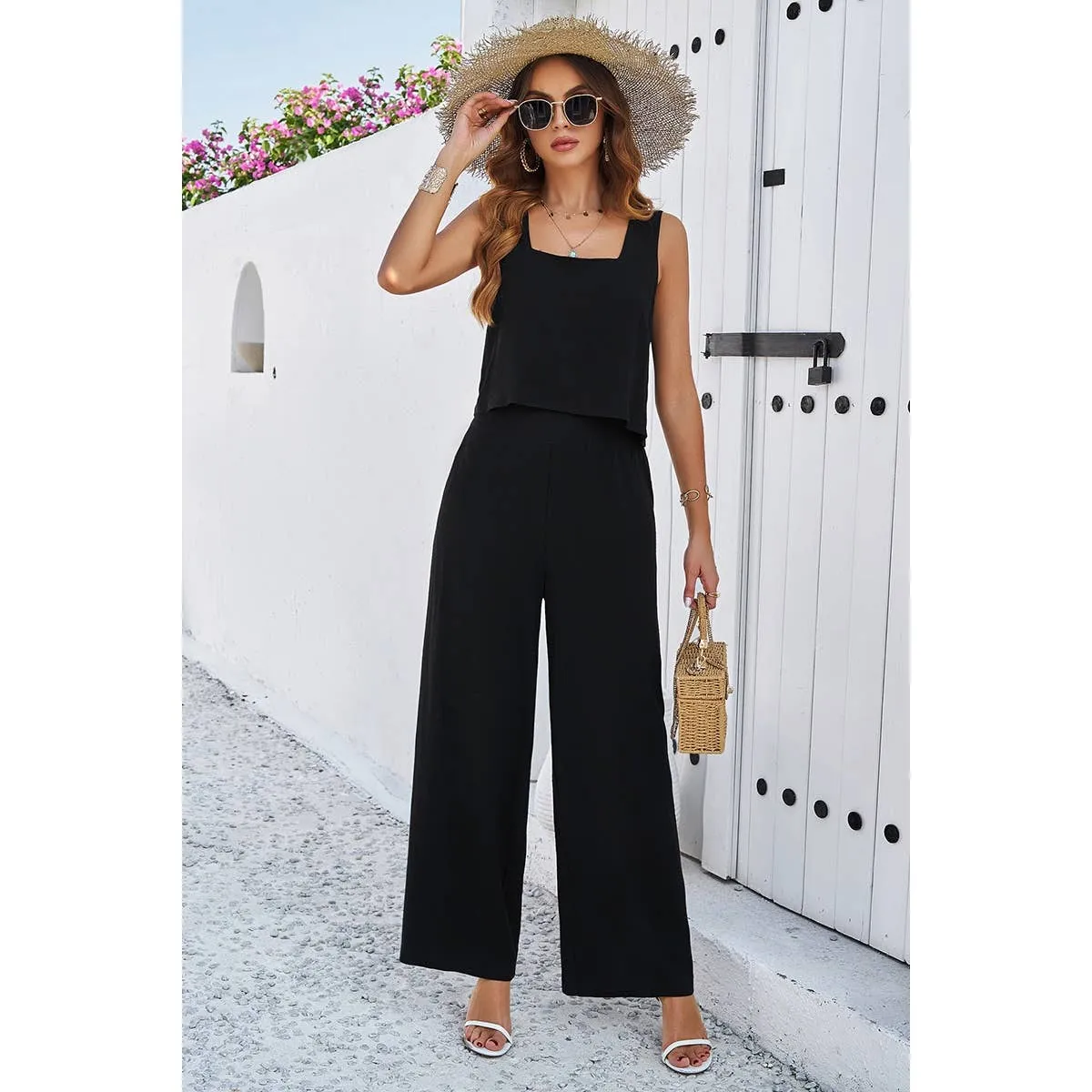 Two Pieces Square Neck Sleeveless Solid Sets