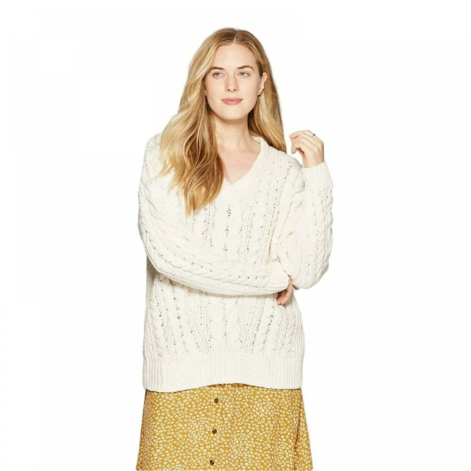 Universal Thread Women's Ribbed Cuff V-Neck Cable Chenille Pullover Sweater